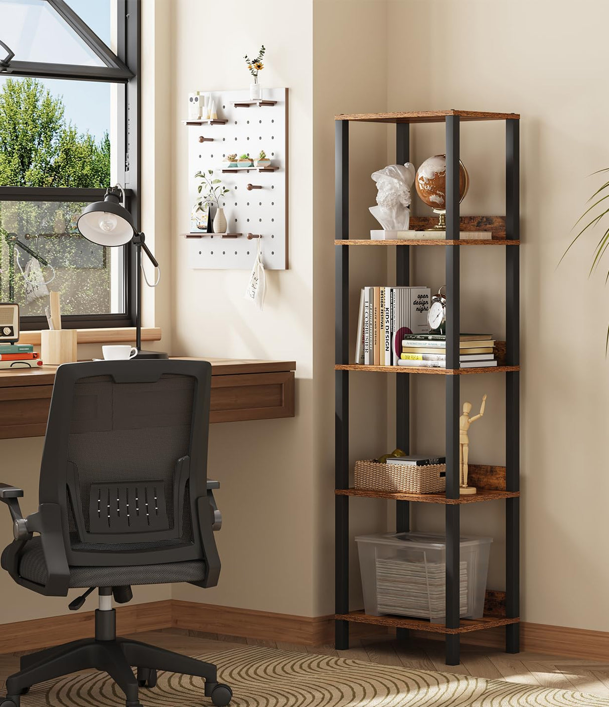 VIMBER 5-Tier Bookshelf with Anti-Fall Baffle, Tall Bookcase for Books, Garage Kit, CDs, Movies, Industrial Standing Bookshelves Storage Organizer for Bedroom Office Living Room USSJ001F VIMBER