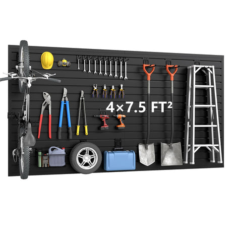 DoCred Slat Wall Paneling Organizer, 4x7.5 FT PVC Garage Slatwall Storage Systems, Heavy Duty Mounted Slat Peg Board for Tool Organization Ladder Bike Rack (Black) DoCred