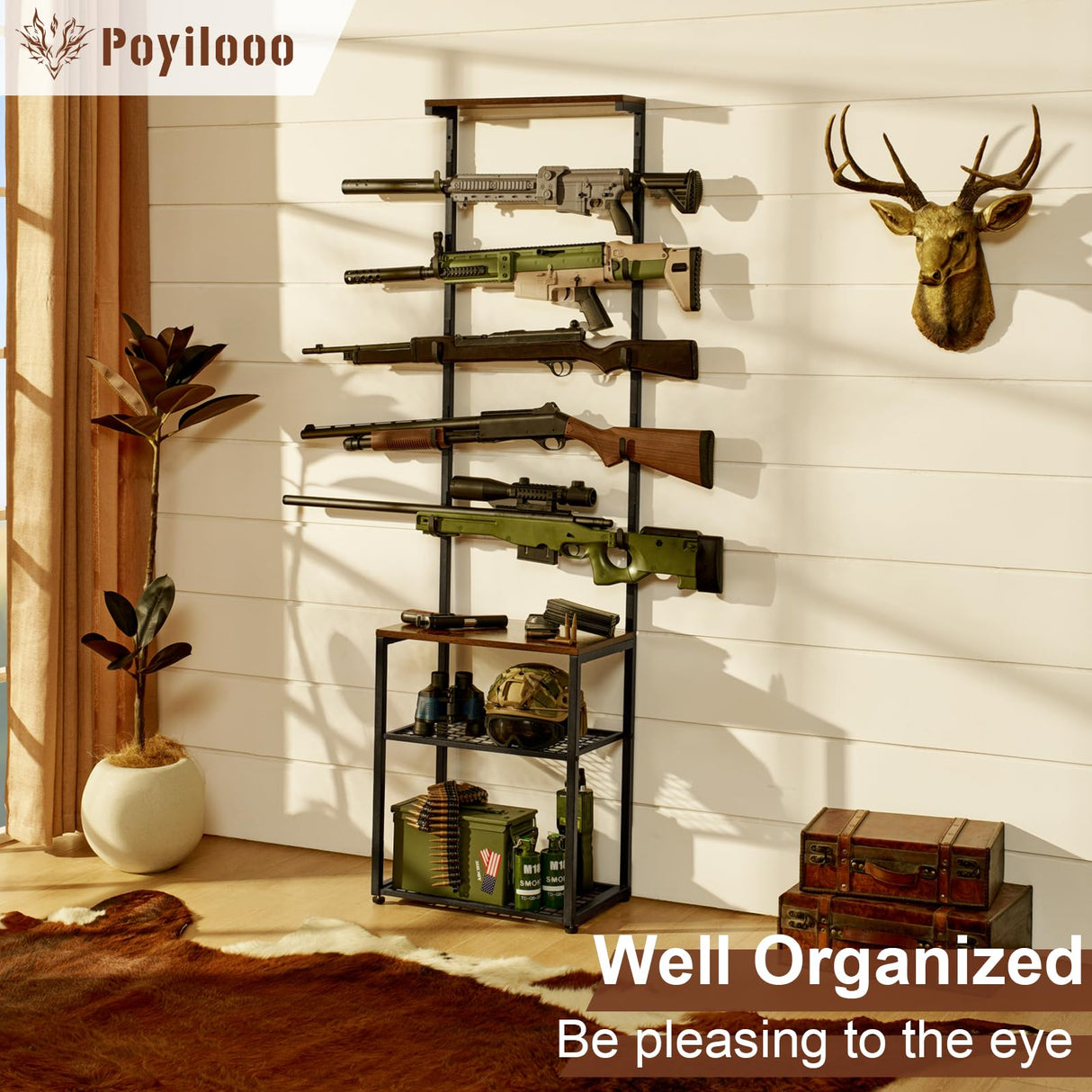Poyilooo Gun Rack, Indoor Gun Racks for Wall Mount Gun Display Stand, Floor Gun Stand Holds up 5 Guns Storage Airgun Rifle Holder Hunting Gun Shelf (Medium 17.3 L*12.6 W*71 H in) Poyilooo