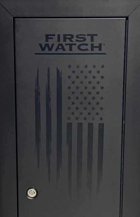 First Watch 8-Gun Security Cabinet, Steel Storage Safe with Lock, American Flag Design, Black Homak