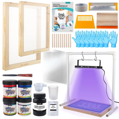 Ecoofor 47pcs All-in-One Set with 50W UV Exposure Lamp,2 Size Wood Screen Printing Frames, 4 Colors Screen Printing Ink, 10 A4 Size Inkjet Transparency Films Ecoofor