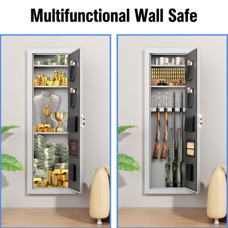 Bonusall 53" Wall Gun Safes Between Stud with Fingerprint Lock,Assembled Shotgun Safe with 3 Removable Shelf,4 Wall Gun Cabinet for Rifles and Pistols with Adjustable Racks (White) Bonusall