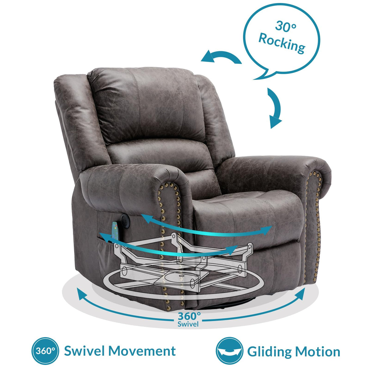 OUINCH Manual 360 Degree Swivel Glider Rocker Recliner Chair with Massage and Heat, USB Ports and 2 Side Pockets, Bronze Suede Like Fabric, Grey OUINCH
