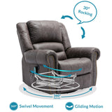 OUINCH Manual 360 Degree Swivel Glider Rocker Recliner Chair with Massage and Heat, USB Ports and 2 Side Pockets, Bronze Suede Like Fabric, Grey OUINCH