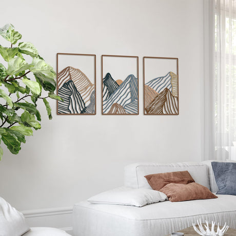 Peryiter 3 Pcs Mountain Metal Wall Art Mountain Line Wall Decor Abstract Minimalist Rustic Nature Decor for Home Bathroom Living Room(Vibrant Colors) Peryiter