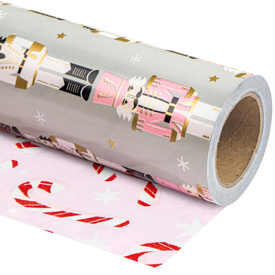 WRAPAHOLIC Reversible Nutcracker Christmas Wrapping Paper - Mini Roll - 17 Inch x 33 Feet - Nutcracker and Candy Cane Design Printed on Pearlized Paper for Chrsitmas, Holiday, Party Celebration