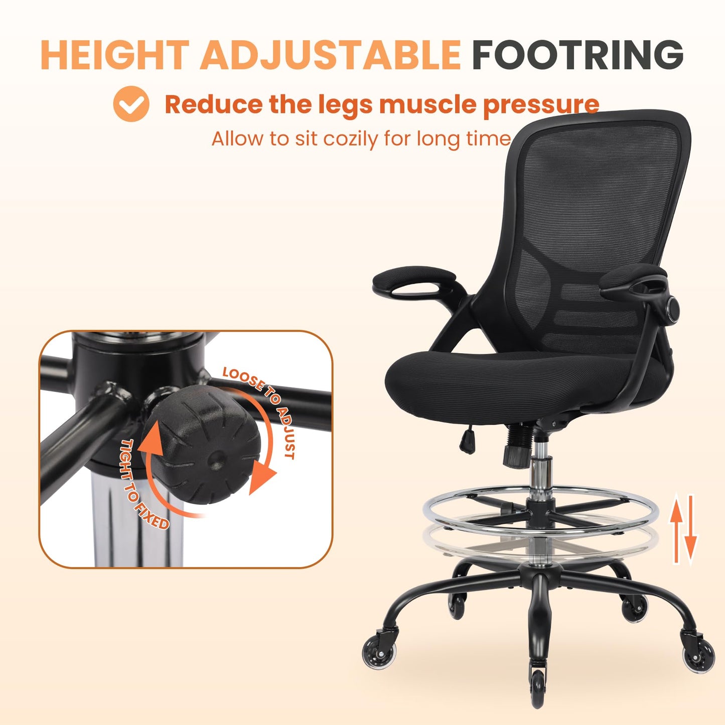 HYLONE Drafting Chair Tall Office Chair, High Ergonomic Standing Desk Computer Stools with Rubber Wheels, Flip-up Armrests, Adjustable Height and Foot-Ring, Comfortable Mesh Fabric, Black