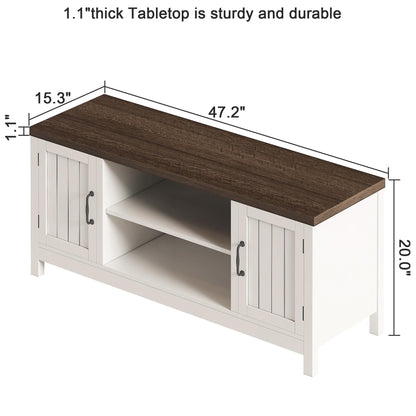 ChooChoo Farmhouse TV Stand, Wood Grooved Door Entertainment Center with Storage Cabinets and Open Shelves, Rustic Media Console up to 55 inches for Living Room, Bedroom, White - WoodArtSupply