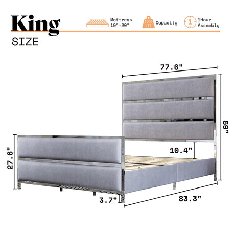 AMERLIFE 59" King Size Bed Frame, Velvet Upholstered Bed with Silver Trim Headboard & Footboard, Channel Tufted Platform Bed Frame, No Box Spring Needed/Light Grey AMERLIFE