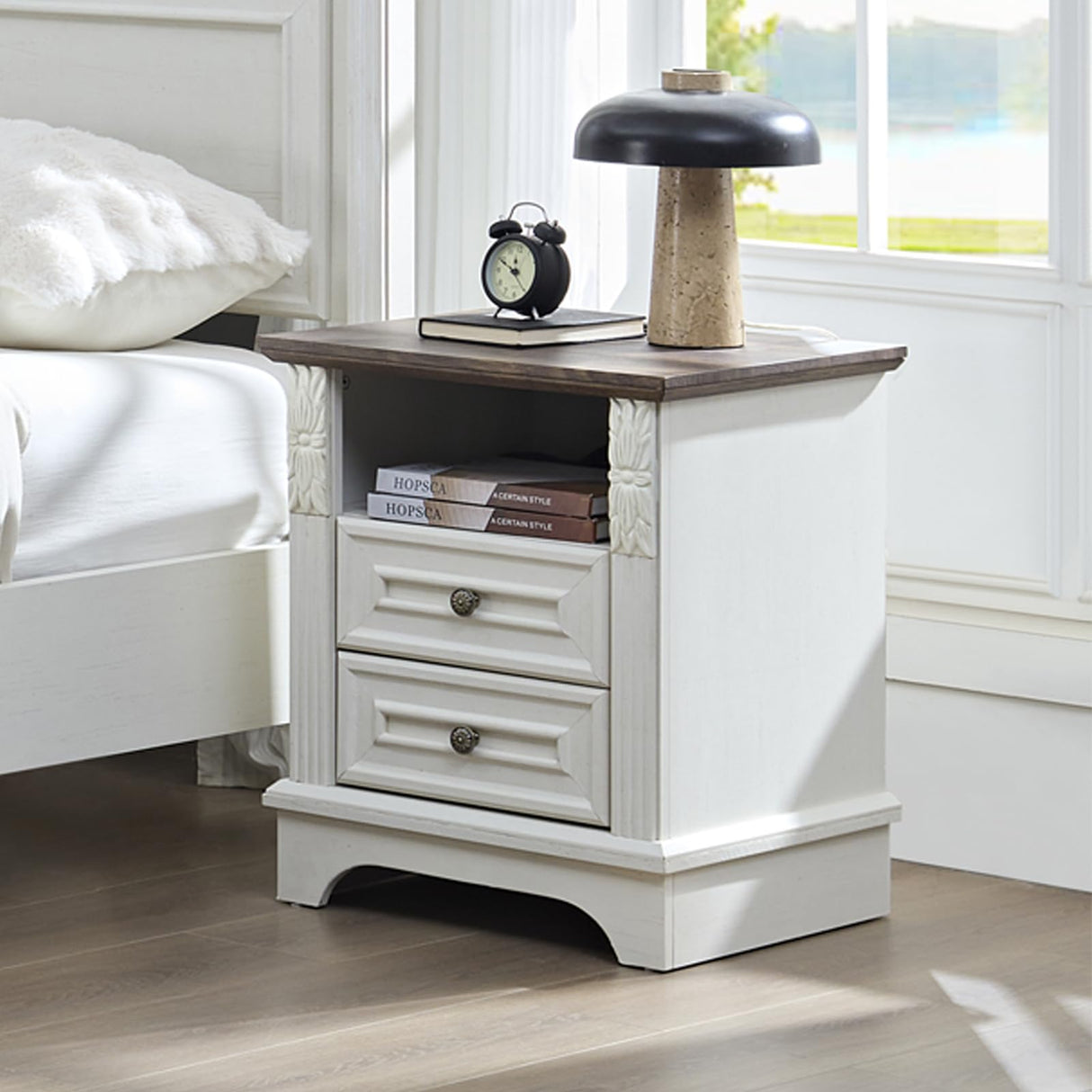 BLANKSPACE Nightstand with Charging Station, Farmhouse End Side Table, Smart LED Night Stand,Bedside Cabinet for Bedroom, Living Room (Antique White) BLANKSPACE