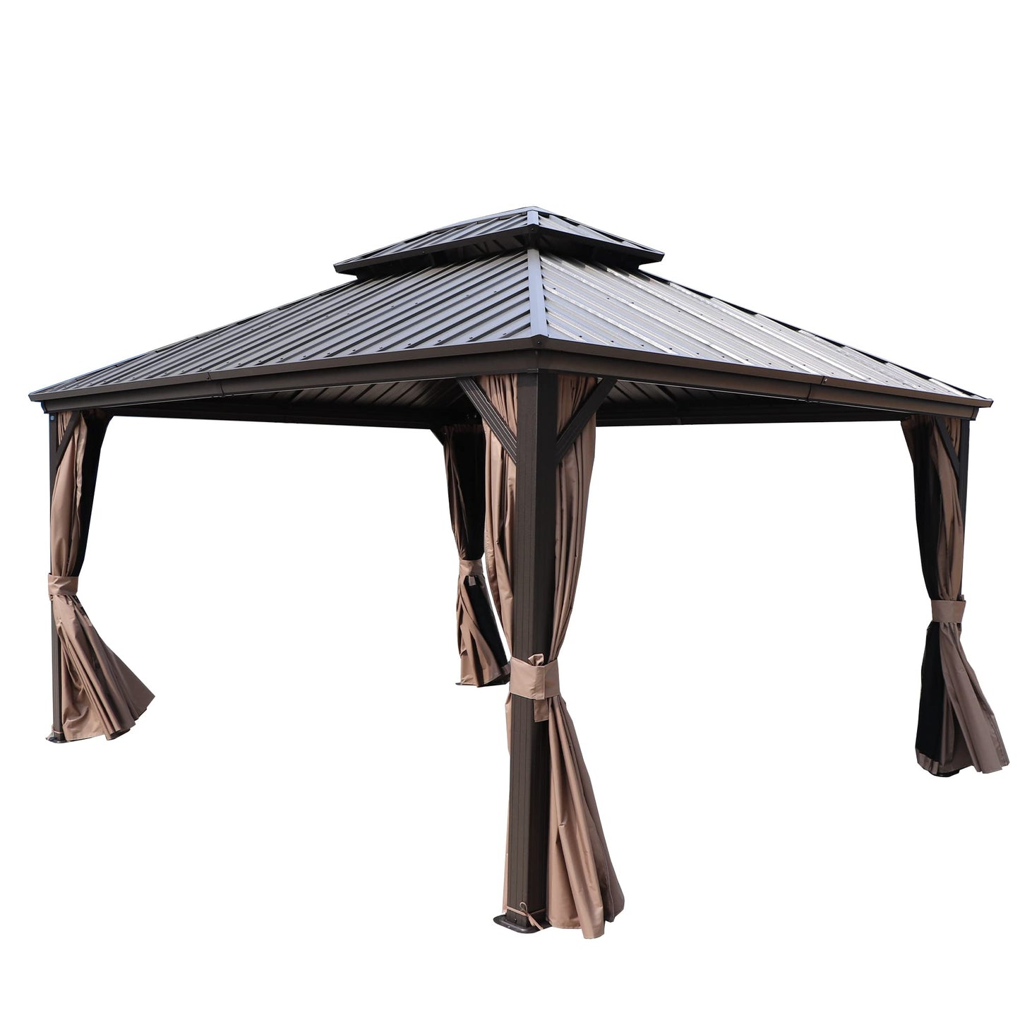 Kozyard 12'x14' Hardtop Gazebo - Permanent Metal Pavilion with Netting and Shaded Curtains for Patio, Backyard, and Deck - Galvanized Steel Outdoor Aluminum Canopy, Double Roof Gazebo (Brown) - WoodArtSupply