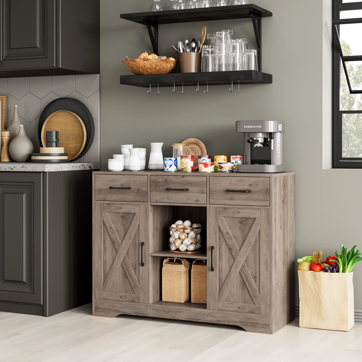 HOSTACK Modern Farmhouse Buffet Storage Cabinet, Barn Doors Wood Sideboard with Drawers and Shelves For Coffee Bar, Kitchen, Dining Room, Living Room, Ash Grey HOSTACK