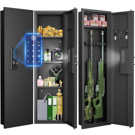 silkight 【2024 New】 Wall Gun Safe, Fingerprint Wall Safe Between The Studs with Dual Alarm ＆ Mute Mode, Hidden Wall Gun Safe for Pistols with Adjustable Shelves, Magnetic Gun Support & Key Hook silkight