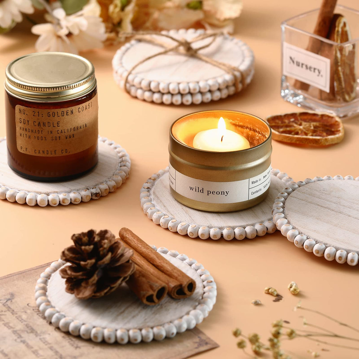 6 Pcs Beaded Wood Coasters Sets 3.94 Inches Round Beaded Coasters Farmhouse Coasters Home Wood Coasters for Drinks Bar Coasters Table Top Coasters for Home Kitchen Table Housewarming (White) Honeydak