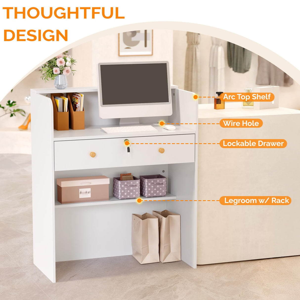 OmySalon Reception Desk with Counter, Small Front Desk w/Lockable Drawer, Wooden Modern Reception Table for Salon Lobby Office Home (White, 32) OmySalon