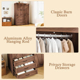 3 Door Armoire Wardrobe Closet Cabinet with 3 Drawers and Drawers, Farmhouse Bedroom Armoire with Hanging Rod and Adjustable Shelves, Large Capacity Storage Wardrobe Armoire for Bedroom, Brown DalyLuxa