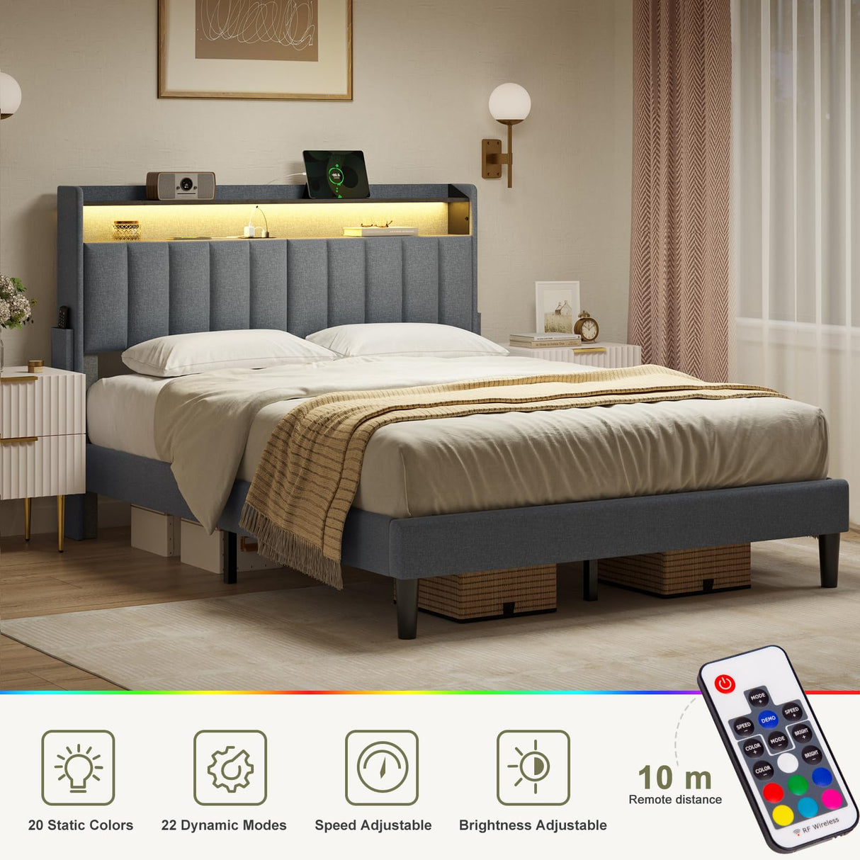 FYRENA Upholstered Full Bed Frame with LED Headboard, Storage Footboard and USB Ports FYRENA