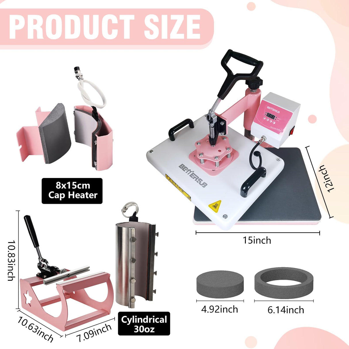 BetterSub Combo 5 in 1 12‘’ x15‘’ Heat Press Machine for T-Shirt 20/30oz Tumbler Heat Press Hat Plate Cap Printing Heat Transfer Digital Industrial-Quality Sublimation Machine 360 Degree Swivel Pink BetterSub