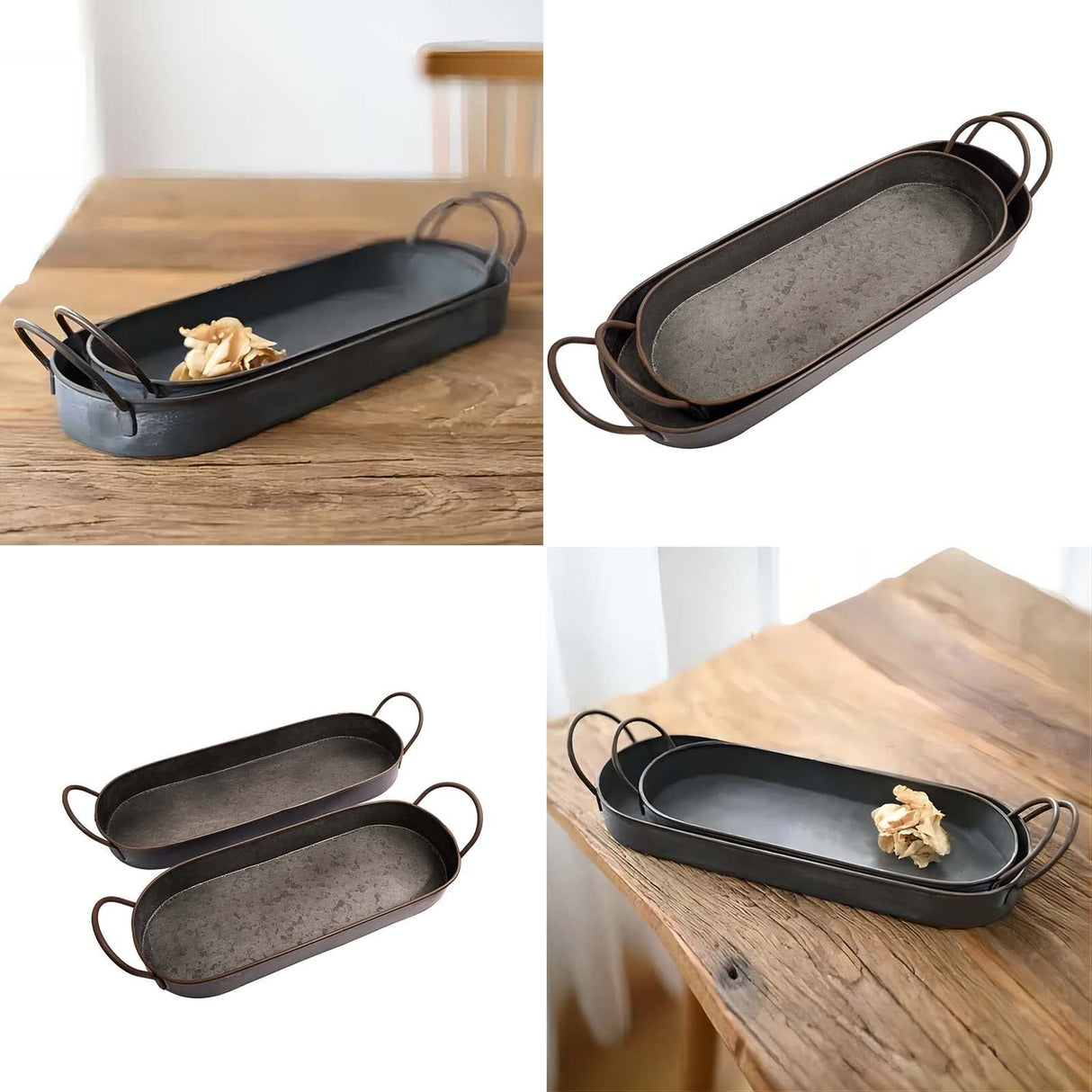 2 Pcs Metal Galvanized Tray Rustic Metal Decor Shabby Chic Farmhouse Tray Galvanized Centerpiece Oval Tray Set Auto-plaza