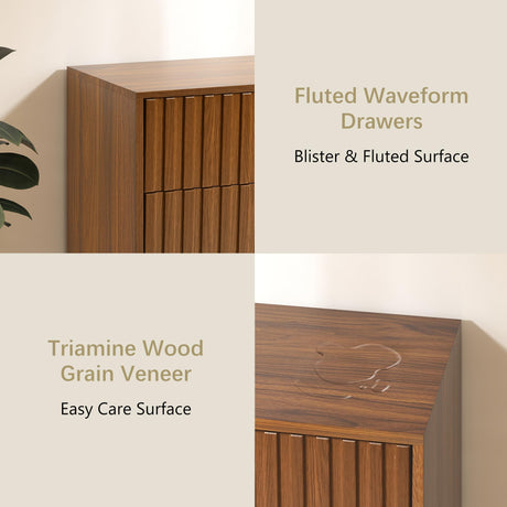 Furnivado Fluted Dresser for Bedroom with 6 Drawers, 47'' Wide Modern Dresser with Metal Handle, Natural Wood Dressers Organizer with Blister Drawers for Bedroom, Brown Furnivado