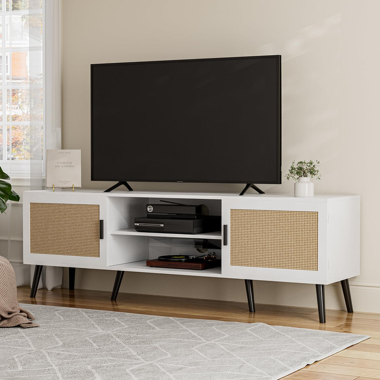 ZttRiee TV Stand for TVs up to 65'', Mid Century Modern Entertainment Center with Rattan Door, Shelves & 2 Cabinets, Boho Media TV Console for Living Room, Bedroom, White ZttRiee