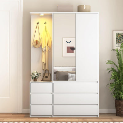 UZUGUL 72'' Armoire Wardrobe Closet with Mirror and 6 Drawers,Bedroom Armoire Wardrobe Cabinet with Hanging Rod and Light,Wooden Bedroom Closet with 3 Storage Shelf (White)