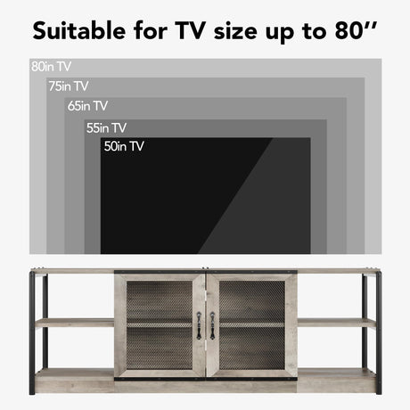 Amyove Farmhouse TV Stand for 75/80 inches TVs, Industrial Entertainment Center with Double Mesh Doors and Storage Cabinet, Rustic TV Cabinet TV Media Console Table for Living Room, Grey Amyove