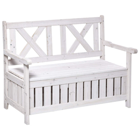Outsunny Patio Wooden Bench with Storage Box, 29 Gallon Outdoor Storage Bench, Large Entryway Deck Box w/Unique X-Shape Back, for Deck, Porch & Balcony, White Outsunny