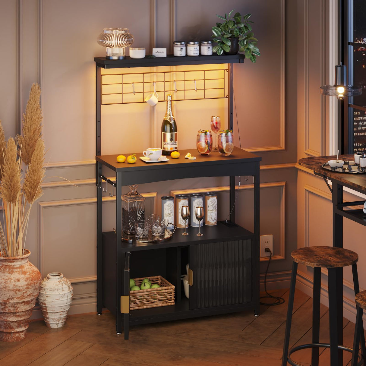 Bestier Bakers Rack with Power Outlet, Height-Adjustable 45" to 55" Kitchen Microwave Stand with Storage Cabinet, Coffee Bar Cabinet with LED Light, Kitchen Stand with 10 S-Hooks (Black) Bestier