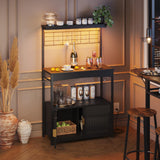 Bestier Bakers Rack with Power Outlet, Height-Adjustable 45" to 55" Kitchen Microwave Stand with Storage Cabinet, Coffee Bar Cabinet with LED Light, Kitchen Stand with 10 S-Hooks (Black) Bestier