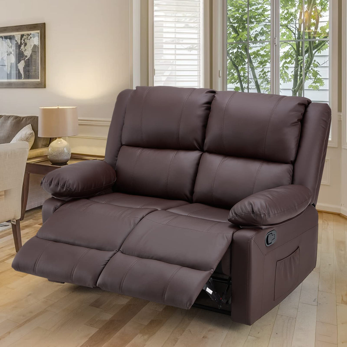 JFHID Reclining Loveseat with Massage&Heat Function, Recliner Loveseat Sofa 2-Seater Modern Manual Control Faux Leather RV Couch, Home Theater Seating Lounge Seat with Side Pockets, Brown JFHID