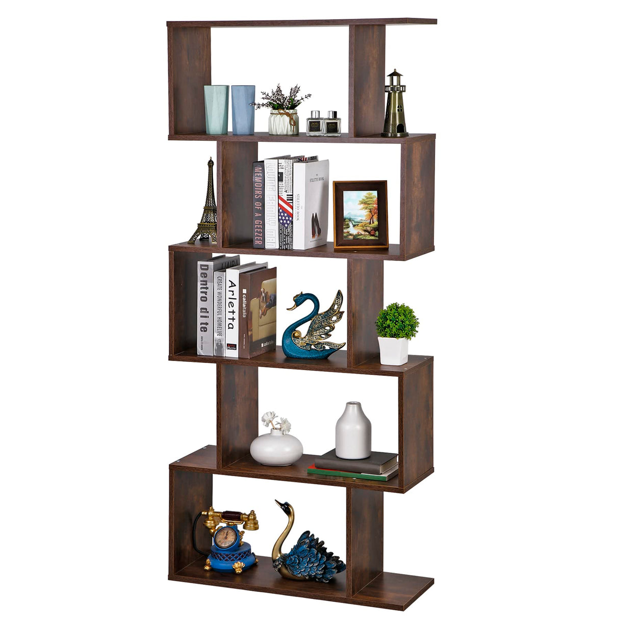 ZENY Geometric Bookcase, 5-Tier Bookshelf, S-Shaped Display Shelf and Room Divider, Freestanding Decorative Storage Shelving for Home Office, Rustic Brown ZENY