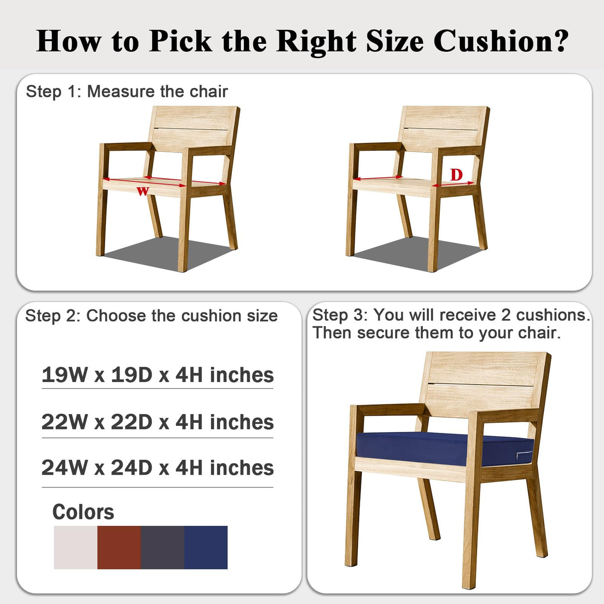 MJIAIDEA Outdoor Chair Cushions Set of 2 for Patio Furniture 22x22x4 Inch Waterproof Patio Chair Cushion 3 Year Color Fastness Square Elastic Foam Garden Sofa Couch Pads with Ties and Handle,Blue MJIAIDEA