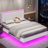 IMMERSTABLE Floating Bed Frame Queen with RGB LED Lights, Upholstered Bed Frame Queen with Headboard, Solid Wood Slats Support, Queen Bed Frame No Box Spring Needed, Noise-Free, Easy Assembly, White IMMERSTABLE