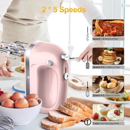 Hand Mixer Electric, 400W Food Mixer 5 Speed Handheld Mixer, 5 Stainless Steel Accessories, Storage Box, Kitchen Mixer with Cord for Cream, Cookies, Dishwasher Safe, Pink