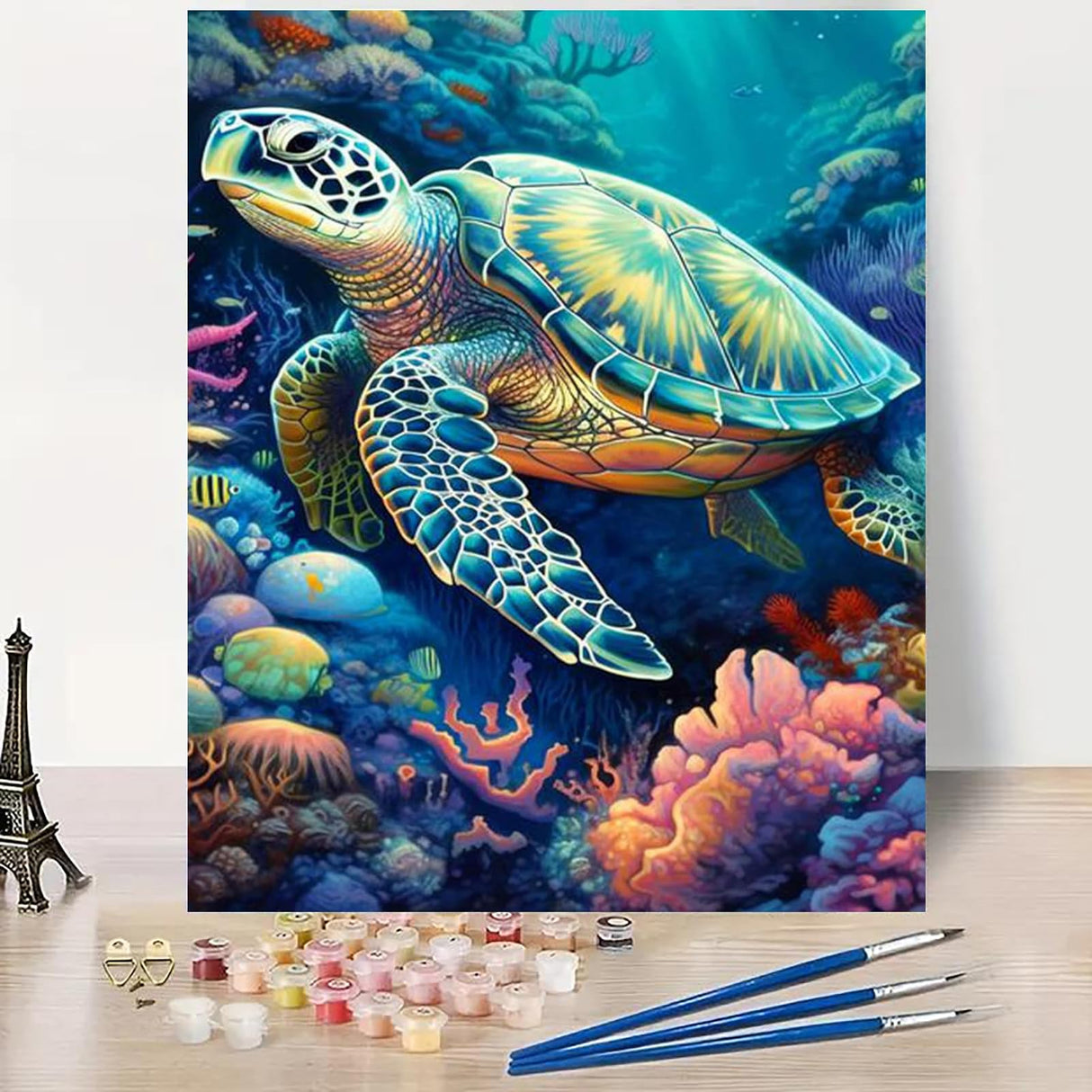 MaiMMaledy Paint by Numbers Kit for Adults Beginners 8Wx12L inch Canvas Pictures with Framed Drawing Painting Works with Wooden Triangle Easel Acrylic Pigment Sea Turtle MaiMMaledy