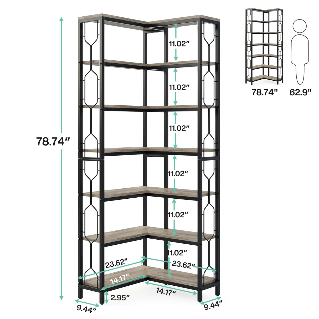 LITTLE TREE Bookshelf, 7-Tier Bookcase, Tall Book Shelf Modern Book Case for Books, Garage Kit, CDs, Movies, Industrial Corner Storage Organizer for Bedroom Home Office Kitchen Living Room, Grey LITTLE TREE
