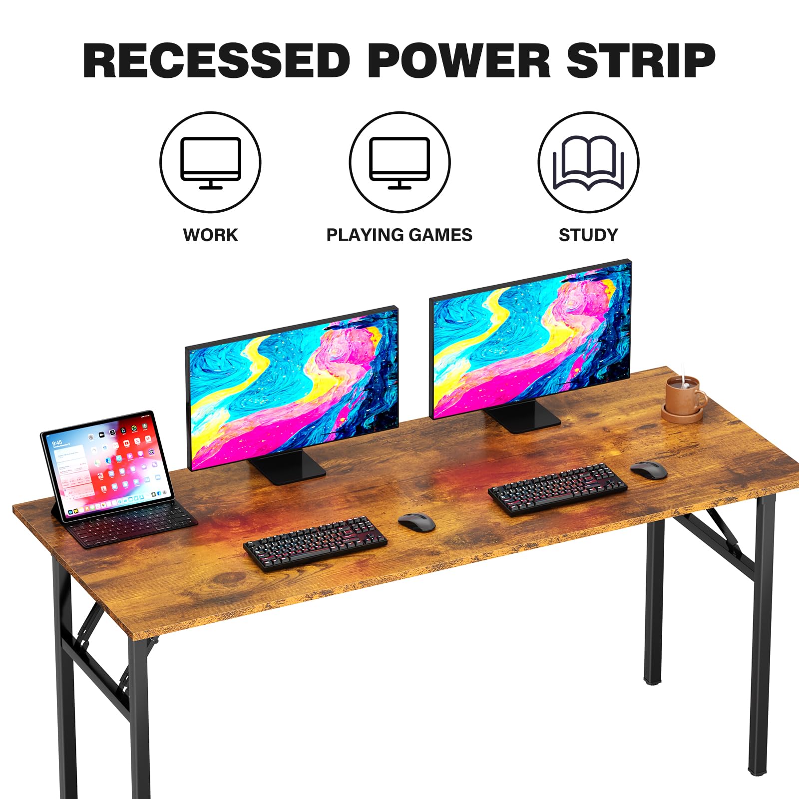 DlandHome Folding Table Computer Desk Workstation Table Conference Table Home Office Desk, Fully Assembled (62 Inches, Retro) - WoodArtSupply