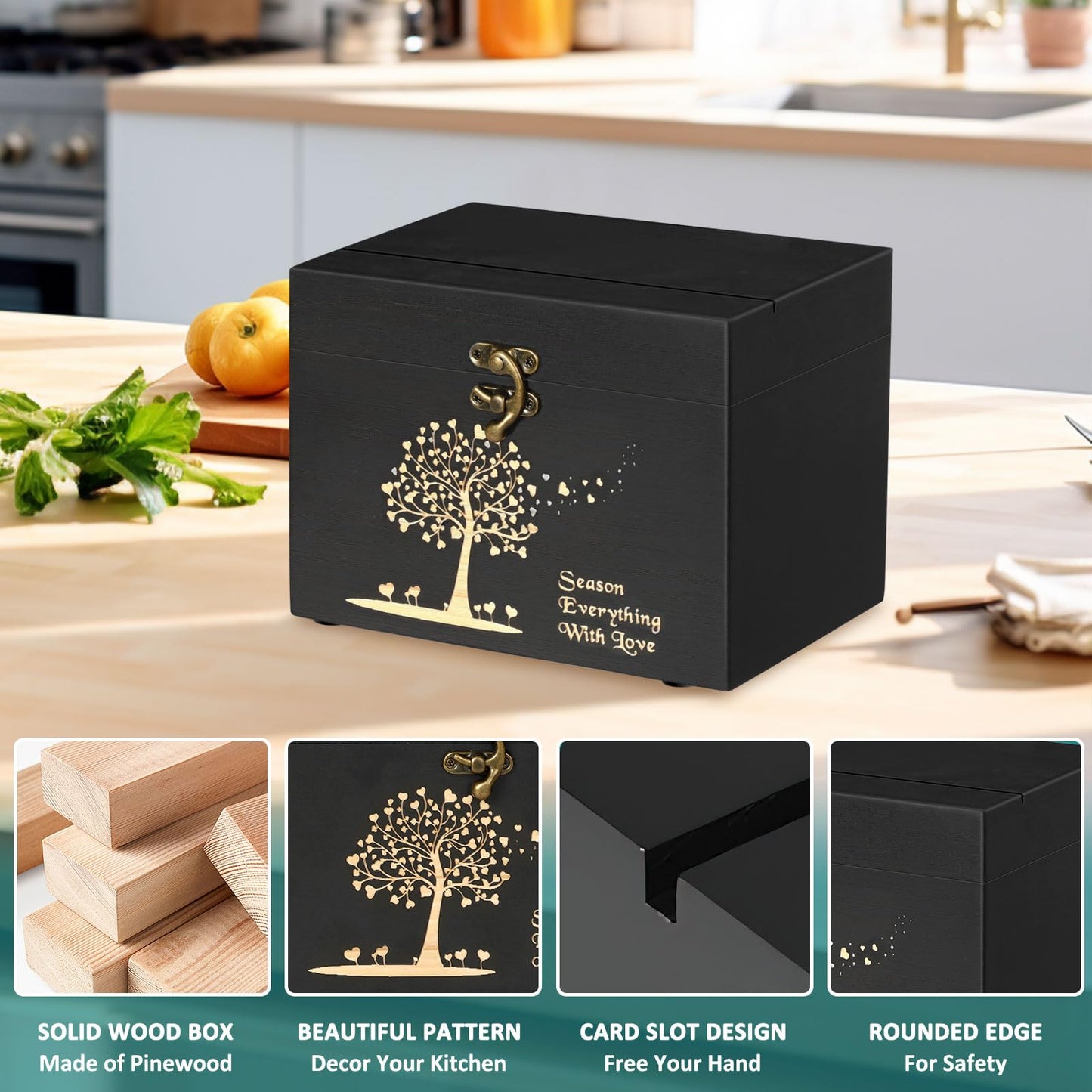 CypherX Wooden Recipe Box - 50 Blank Recipe Cards and Box Set - Recipe Card Organizer Box with 8 Wood Dividers - Gifts for Cooking Lovers | Best Housewarming and Bridal Shower Gift, Black - WoodArtSupply