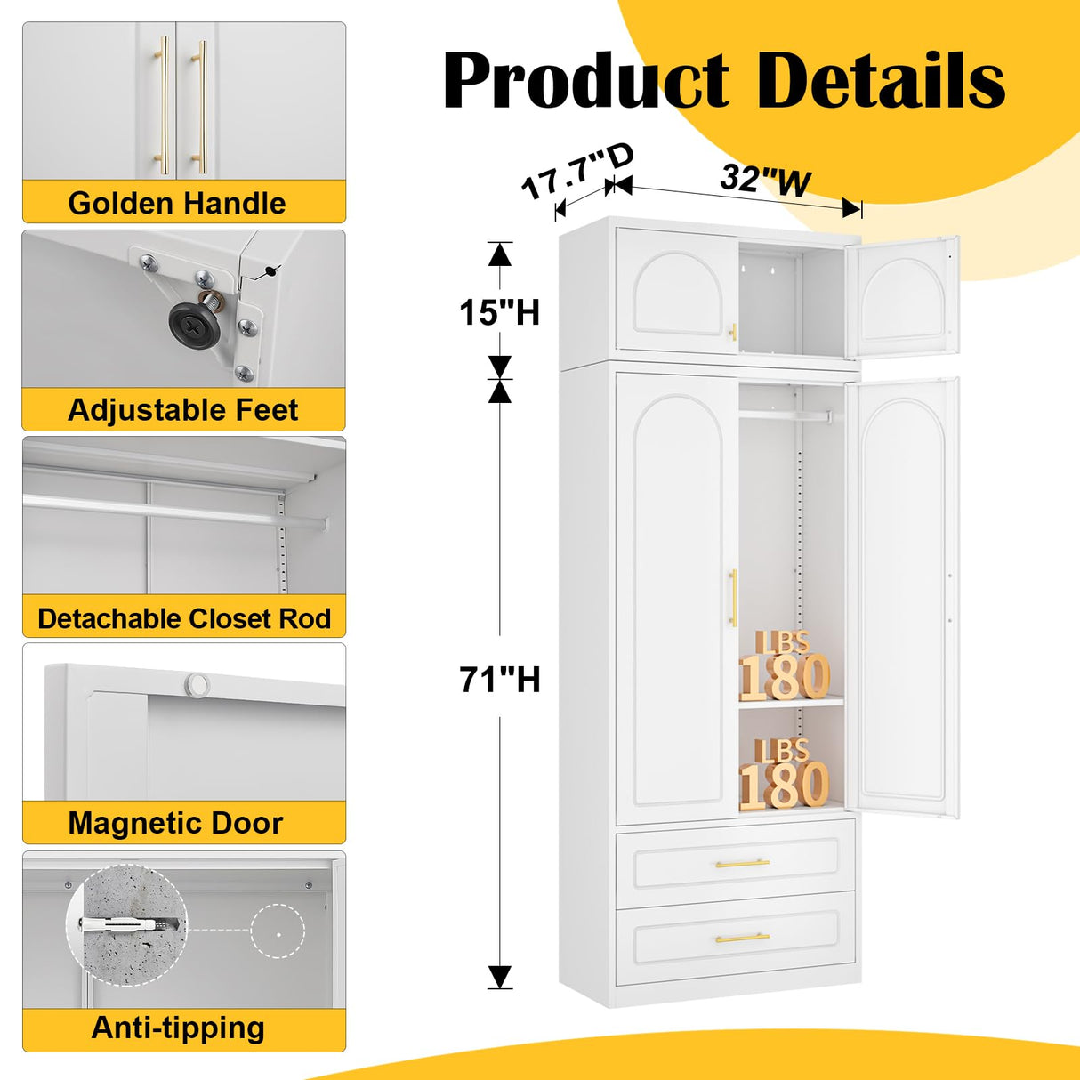 SteeLoong 86" Metal Armoire Wardrobe Closet with 2 Drawers,Tall Clothing Storage Cabinet with Adjustable Shelves and Hanging Rod,White Wardrobe Closet for Bedroom,Home,Office,Gym SteeLoong