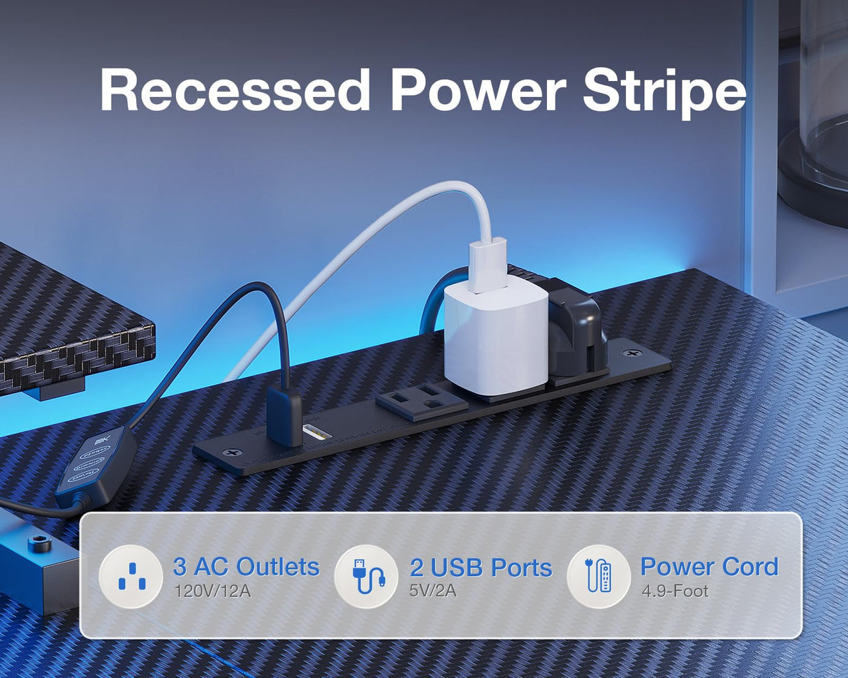 ODK 66 Inch Gaming Desk with USB Charging Ports and LED Lights, Reversible L Shaped Computer Desk with Storage Shelves & Monitor Stand, Corner Gamer Desk Table with Power Outlets, Carbon Fiber Black ODK