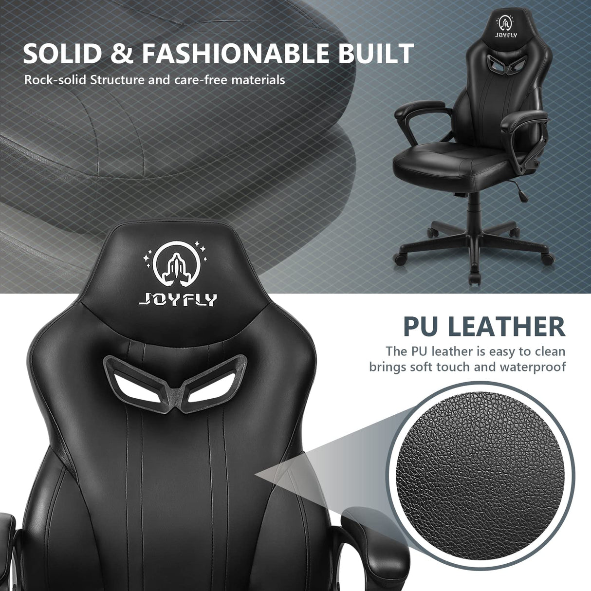 JOYFLY Computer Chair Office Chair, Gaming Chairs for Adults, Ergonomic Gamer Chair PC Chair with Black Leather Lumbar Support, 300Lbs （Black-Leather） JOYFLY