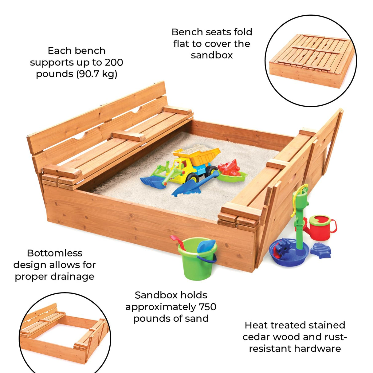 Badger Basket Original Wooden Cedar Sandbox with Built-in Bench Seats and Cover - Heavy Duty Outdoor Play Equipment (Natural/Natural) Badger Basket