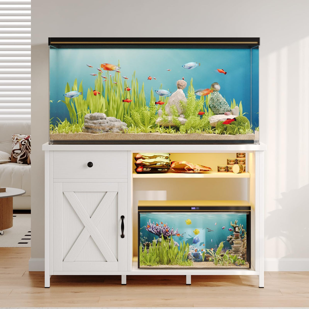 4ever2buy 55-75 Gallon Aquarium Stand with Power Outlets & LED Light, Metal Frame Fish Tank Stand with Drawer & Barn Door, Turtle Reptile Terrariums Stand with Fish Tank Accessories Storage (White) 4ever2buy