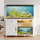 4ever2buy 55-75 Gallon Aquarium Stand with Power Outlets & LED Light, Metal Frame Fish Tank Stand with Drawer & Barn Door, Turtle Reptile Terrariums Stand with Fish Tank Accessories Storage (White) 4ever2buy
