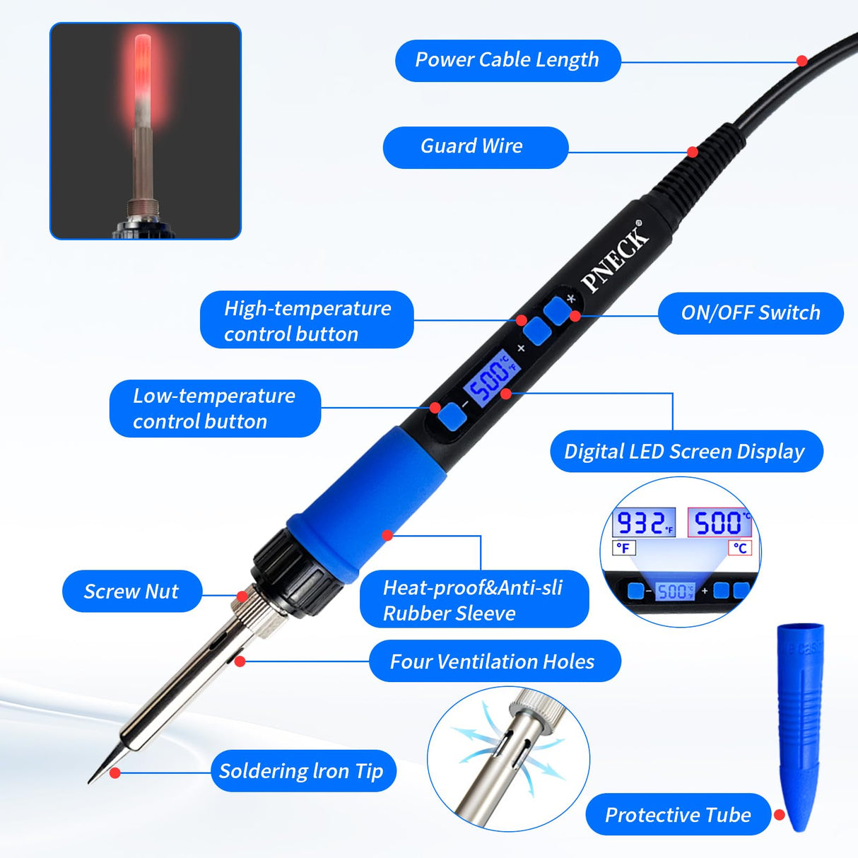 PNECK Soldering Iron Kit, 80W, LCD Display, Adjustable Temperature 356°F -932°F，Blue PNECK