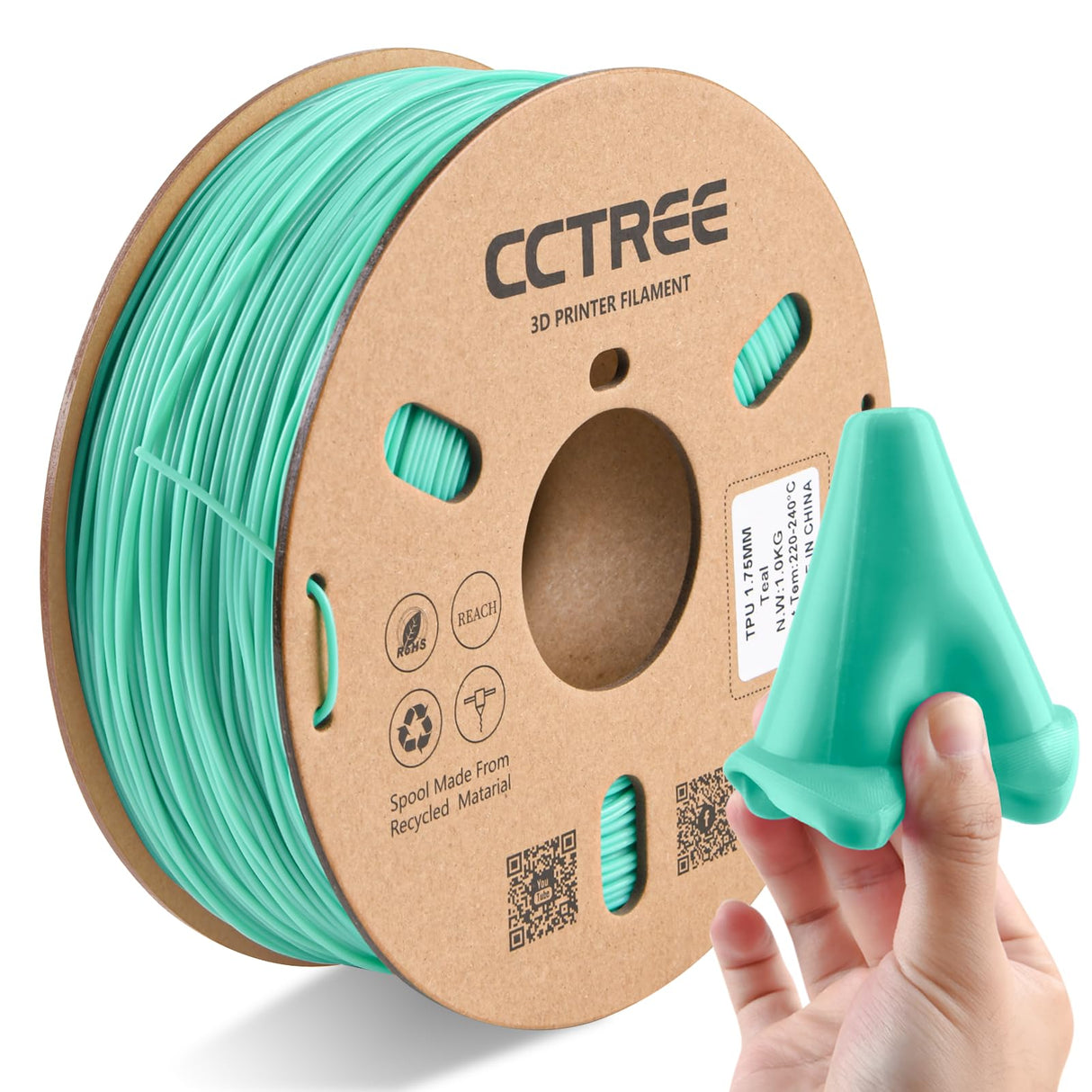 CCTREE High Speed TPU Filament 1.75MM, Soft TPU Flexible 3D Printing Filament Shore 95A,1kg Spool, Dimensional Accuracy +/- 0.03mm for Bambu lab 3D Printer Teal CCTREE