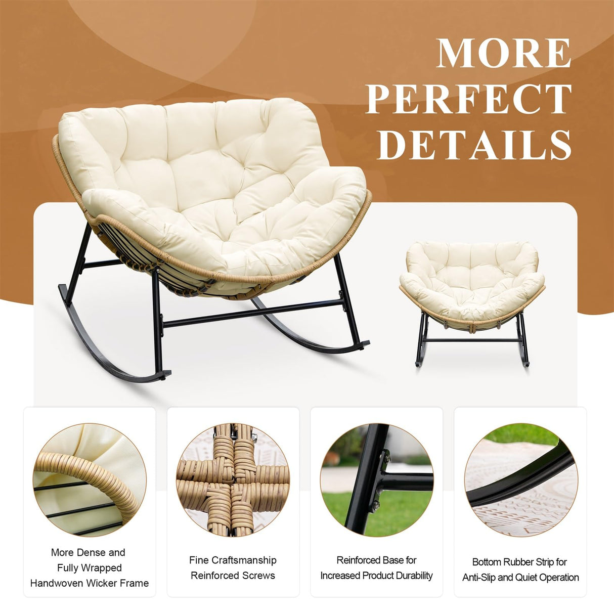 FINCATI Egg Rocking Chair with Ottoman Set of 2, Comfy Oversized Papasan Lounge Chairs with Padded Cushions, Double 2 Person Patio Rocker, Reading Glider for Indoor Outdoor Balcony Living Room, Beige FINCATI