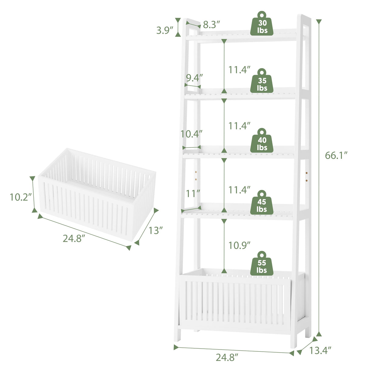 Bamjoy White Bamboo Shelf, Ladder Bookshelf with Storage, Display Shelf Tall Bookshelf Bookcase with Basket for Home Office, 66" H Bamjoy