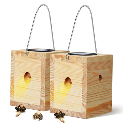 Qualirey 2 Pack Wood Carpenter Bee Traps with Solar Lights, Wasp Traps Outdoor Hanging Hornet Traps Effective Boring Hornet Trap for Outdoor Gardens Patios, 4.1'' W x 4.8'' H x 5.9'' D
